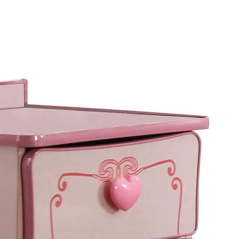 2 Drawer Wooden Nightstand with Heart Knob Pulls, Pink