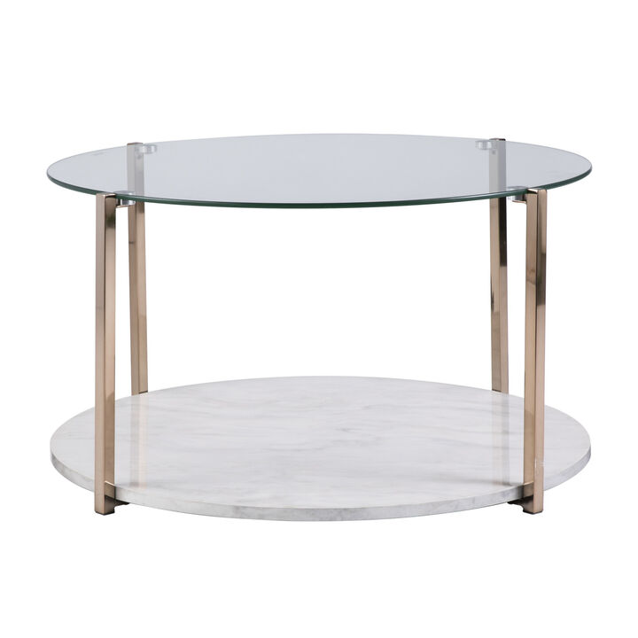 Hivvago 33 Inch  Gold Glam Glass And Faux Marble Two Tier Round Coffee Table