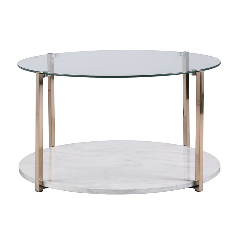 Hivvago 33 Inch  Gold Glam Glass And Faux Marble Two Tier Round Coffee Table