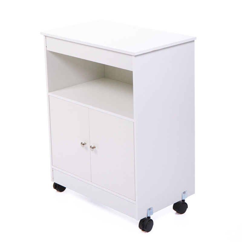 Wood Kitchen Microwave Cabinet Cart with 4 Universal Wheels and Roomy Inner Space for Home Use, White