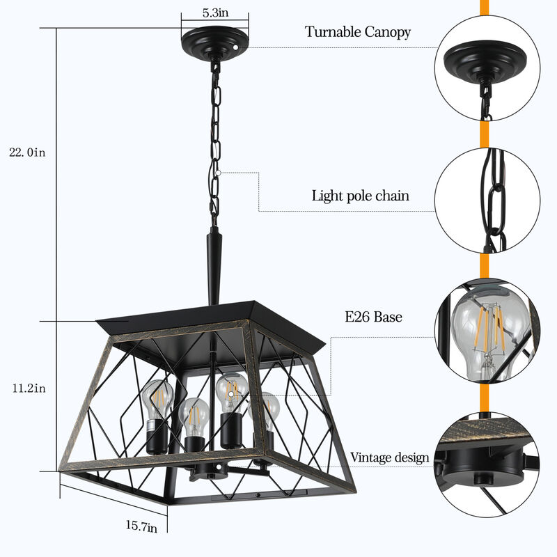 ELEMENT ACE Industrial 4-Light Pendant Chandelier with Metal Cage Design Adjustable Hanging Ceiling Light Fixture for Dining Room Kitchen Living Room image number 2