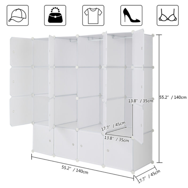 16-Cube Modular Wardrobe, 4-Layer Plastic & Steel Storage Organizer with 3 Hanging Rods image number 7