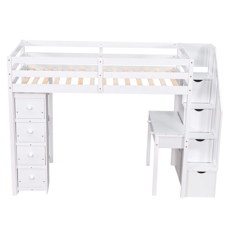 Twin size Loft Bed with Storage Drawers, Desk and Stairs, Wooden Loft Bed with Shelves - Gray