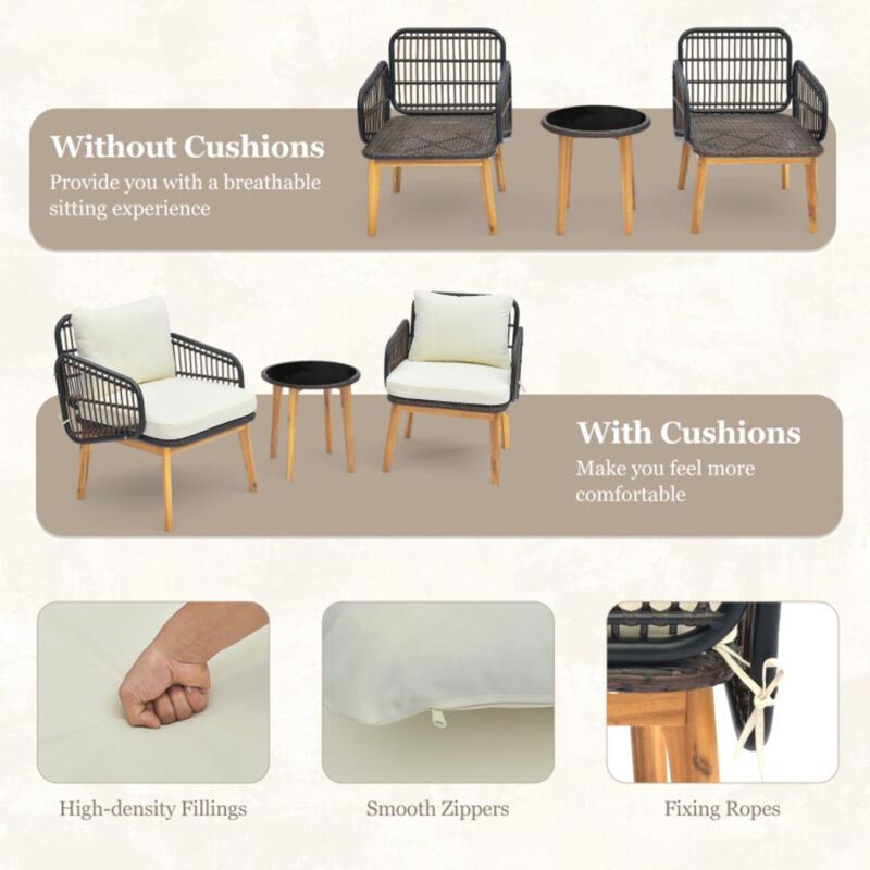 Hivvago 3 Pieces Patio Furniture Set with Cushioned Chairs and Tempered Glass Side Table