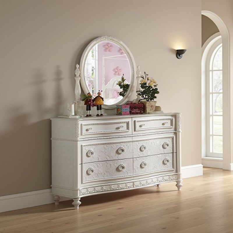 Dorie Vanity Dresser Mirror, 35x48, White Wood Floral, Beveled Edge