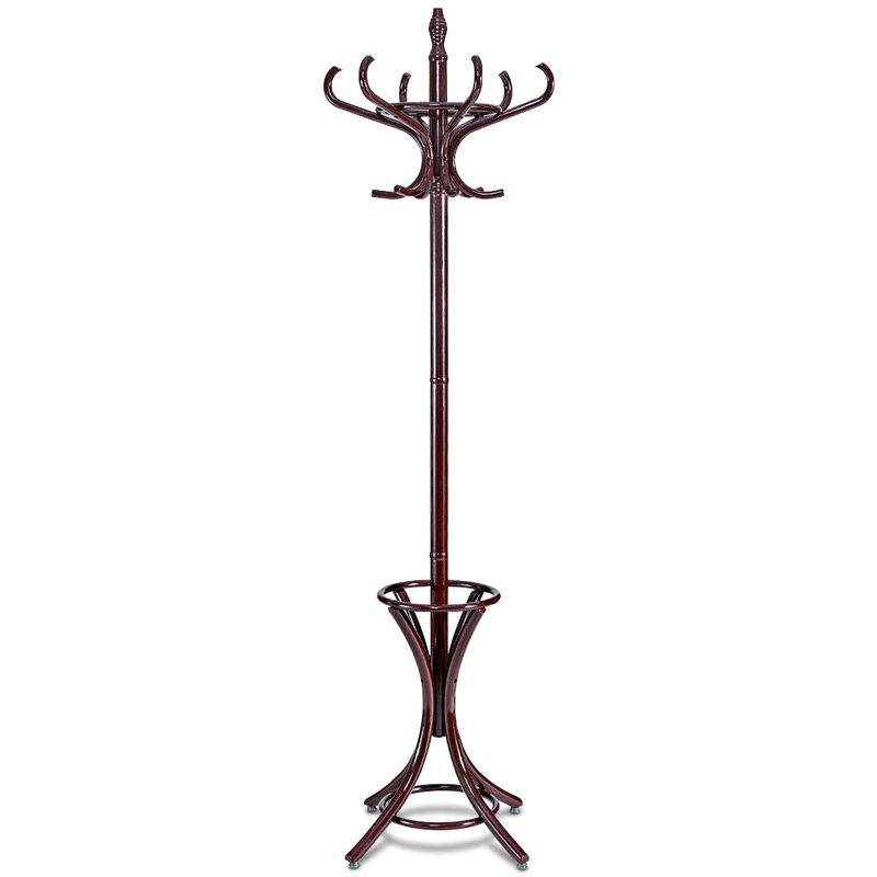 Freestanding Wooden Coat Rack with 12 Hooks and Built-In Umbrella Stand