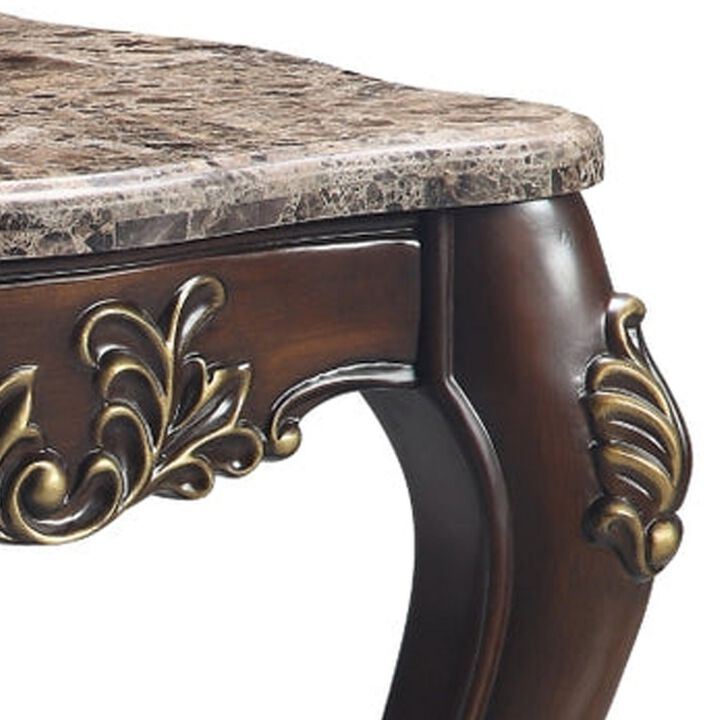 Kha 27 Inch Marble Top End Table with Cabriole Legs, Gold, Cherry Brown-Benzara