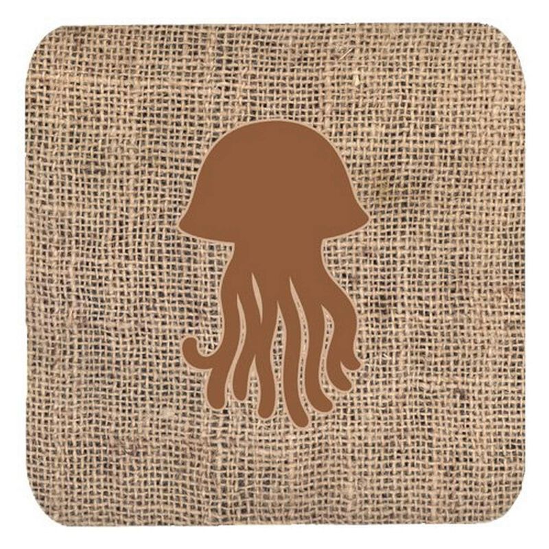 Caroline's Treasures BB1091-BL-BN-FC Jellyfish Burlap and Brown Foam Coasters (Set of 4), 3.5 H x 3.5 W, Multicolor