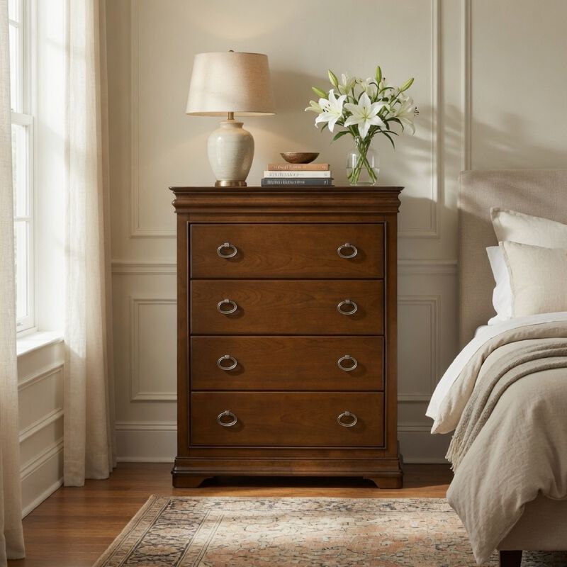 Gravis Tall Dresser Chest with 4 Drawers, Crown Moldings, Cherry Brown image number 1