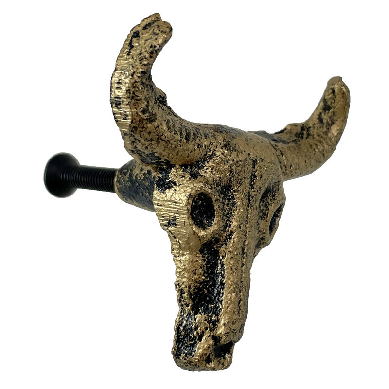 Set of 6 Gold Cast Iron Steer Skull Drawer Pulls - Western Home Decor Cabinet Knobs - 2 Inches High - Easy Install - Great For Dressers and Cupboards image number 3