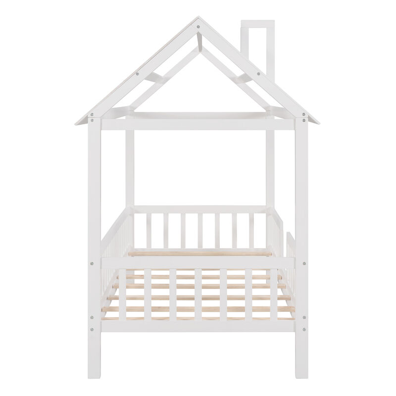 Whisen Twin Size Wood House Bed with Fence and Roof for Kids