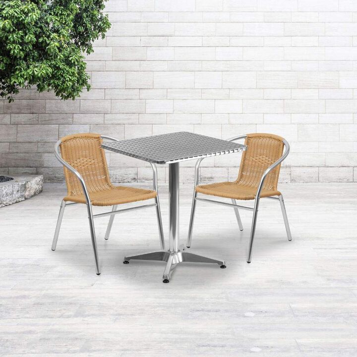 Flash Furniture Lila 23.5'' Square Aluminum Indoor-Outdoor Table Set with 2 Beige Rattan Chairs