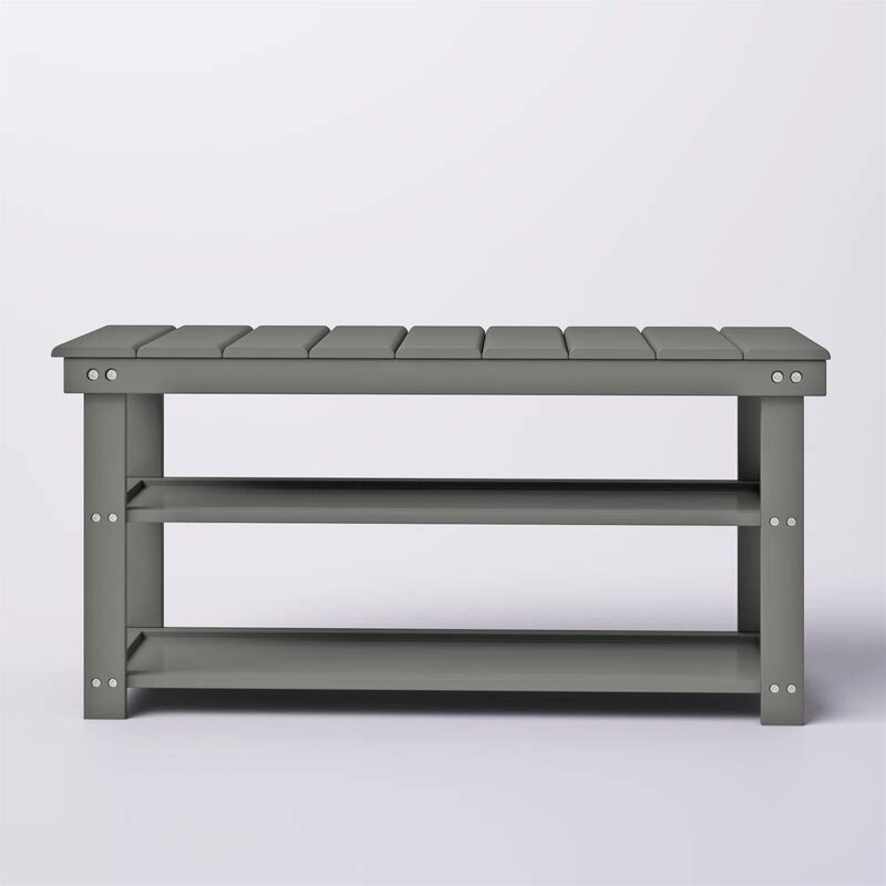 QuikFurn Grey Wood 2-Shelf Shoe Rack Storage Bench For Entryway or Closet