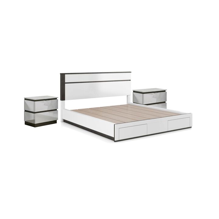 3pc King Bedroom Set, White, Metallic Gray Wood, 2 Nightstands