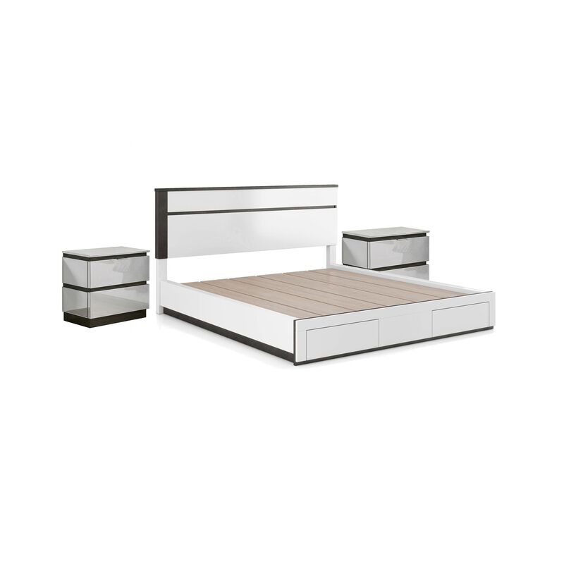 3pc King Bedroom Set, White, Metallic Gray Wood, 2 Nightstands image number 0