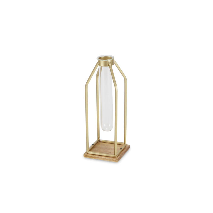 HomeRoots 11" Gold Clear And Natural Metal Glass And Wood Test Tube Table Vase