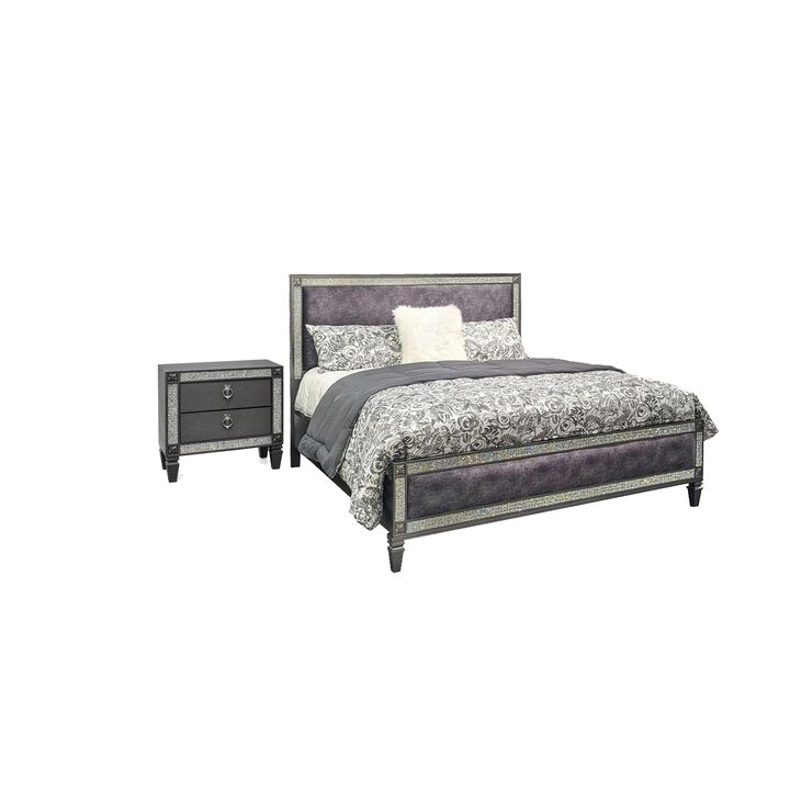 Full Bedroom Set, Gray and Nickel, 2 Piece Set with Nightstand