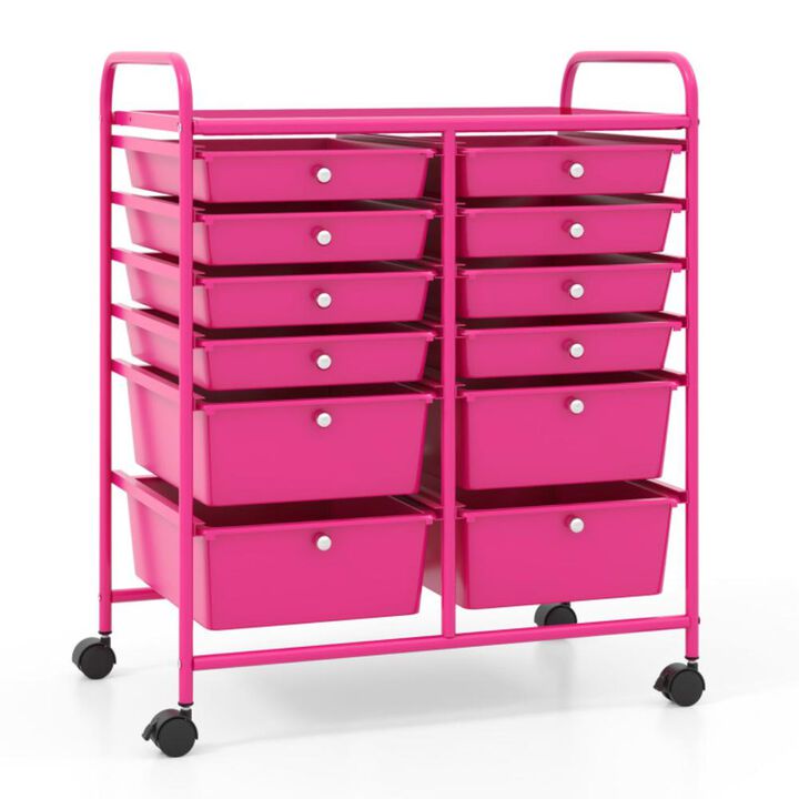 Hivvago 12-Drawer Rolling Storage Cart with Removable Drawers and Lockable Wheels-Rose Red