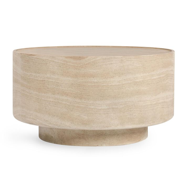 Kiva Outdoor Coffee Table, Plinth Style Base, Beige Concrete 31 Inch - Benzara
