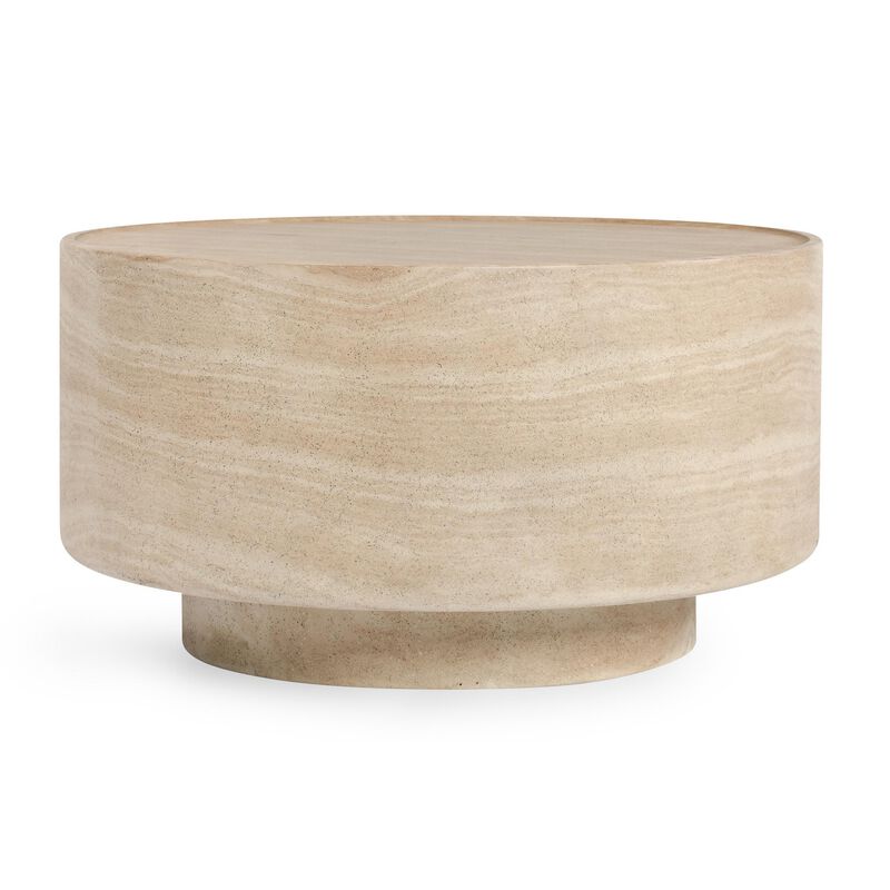 Kiva Outdoor Coffee Table, Plinth Style Base, Beige Concrete 31 Inch - Benzara