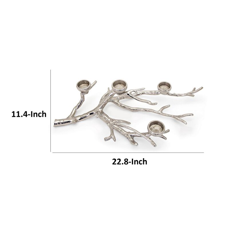 23 Inch Metal Tea Light Holder, Tree Branch Design, 4 Candle Slots, Silver - Benzara