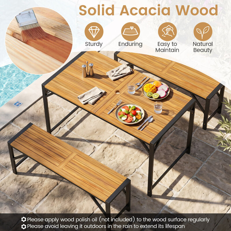 Acacia Wood Patio Dining Table with Umbrella Hole and Metal Support for Backyard-Natural image number 3