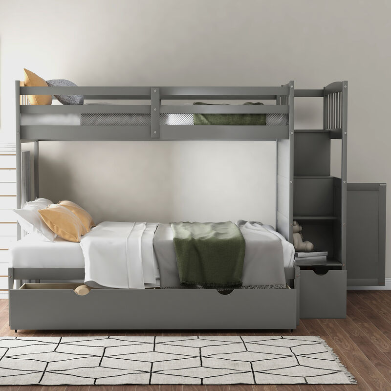 Whisen Twin over Full Bunk Bed with Staircase & Drawers, Solid Pine Convertible for Kids Bedroom image number 3