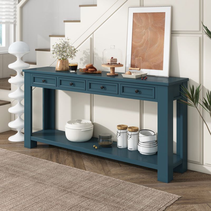 Whisen Rustic Rectangle Wood Console Table with 4-Storage Drawers and Bottom Shelf