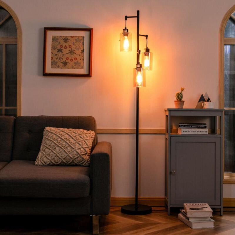 Hivvago Retro Floor Lamp with 3-Head Hanging Amber Glass Shade