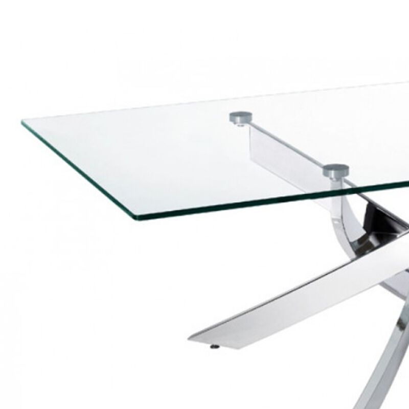 Rectangular Glass Top Coffee Table with Chromed Metal Base, Clear and Silver-Benzara image number 3