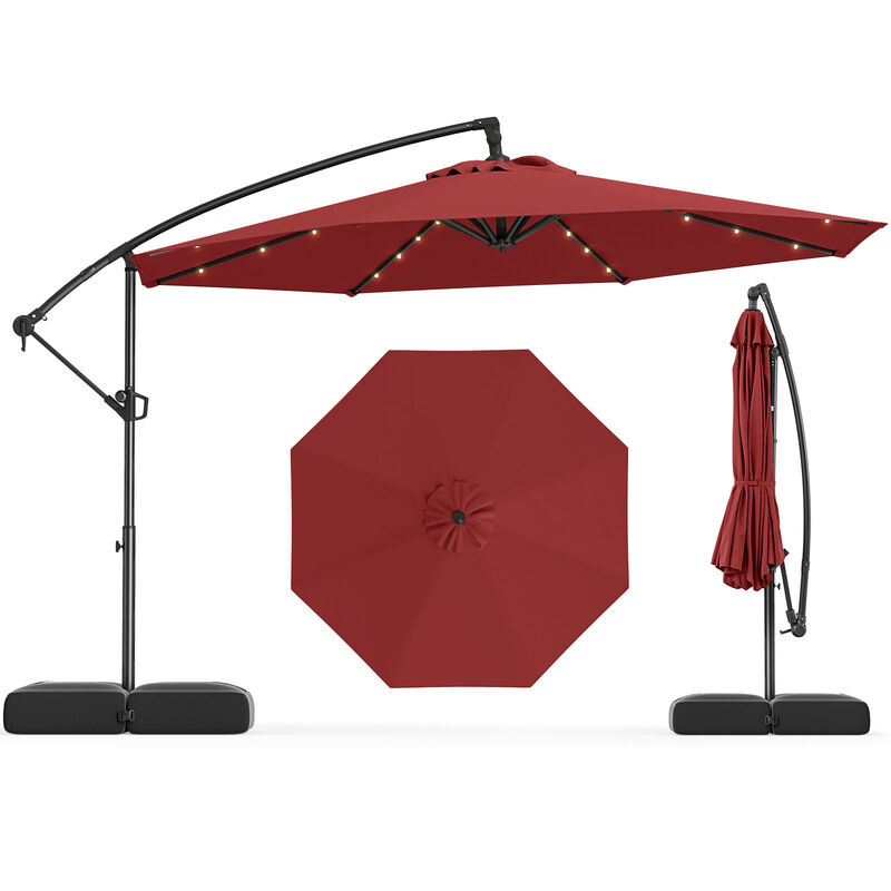 Solar Offset Umbrella with 32 LED Lights &ndash; Hanging Patio Shade with Base