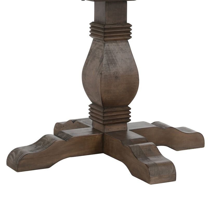 Round Reclaimed Wood Dining Table with Trestle Base, Weathered Brown - Benzara