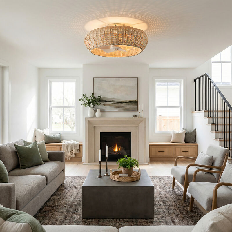 19.7" Bohemian Handwoven Rattan Caged Antique White Reversible Ceiling Fan with Light and Remote image number 4