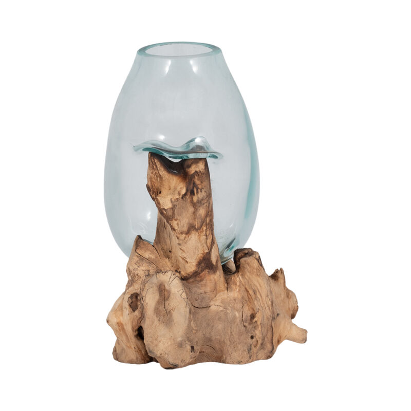 Glass 14"h Vase In Wood Stand, Brown image number 3