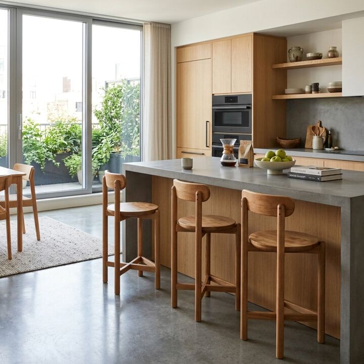 Maona Counter Stool Chair with Round Seat, Curved Open Back, Natural Brown Mango Wood