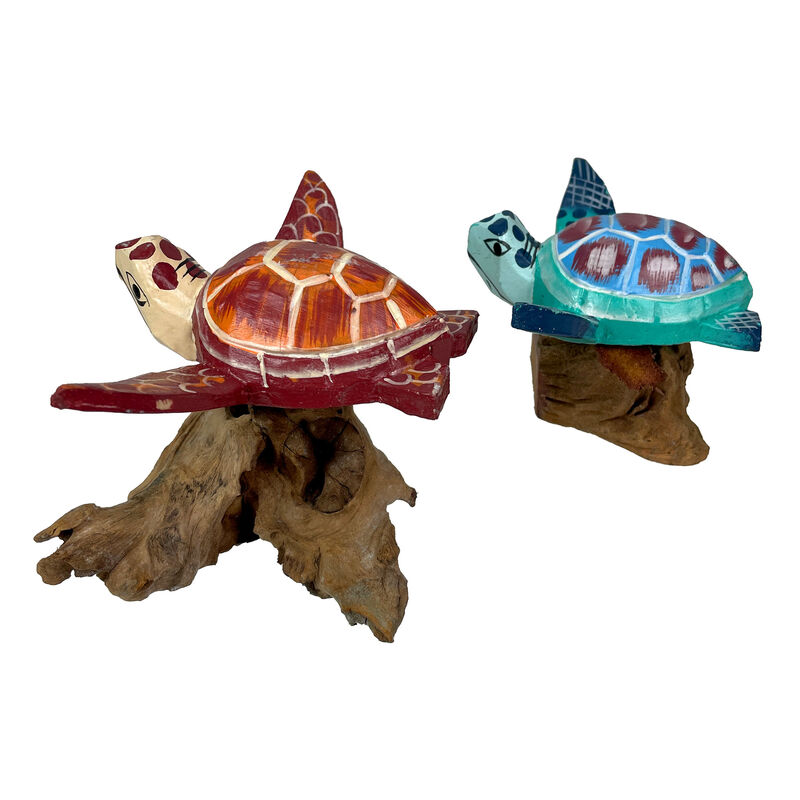 Handcrafted Sea Turtle Sculptures Set of 2, Coastal Wood Art, Ocean Home Decor image number 4