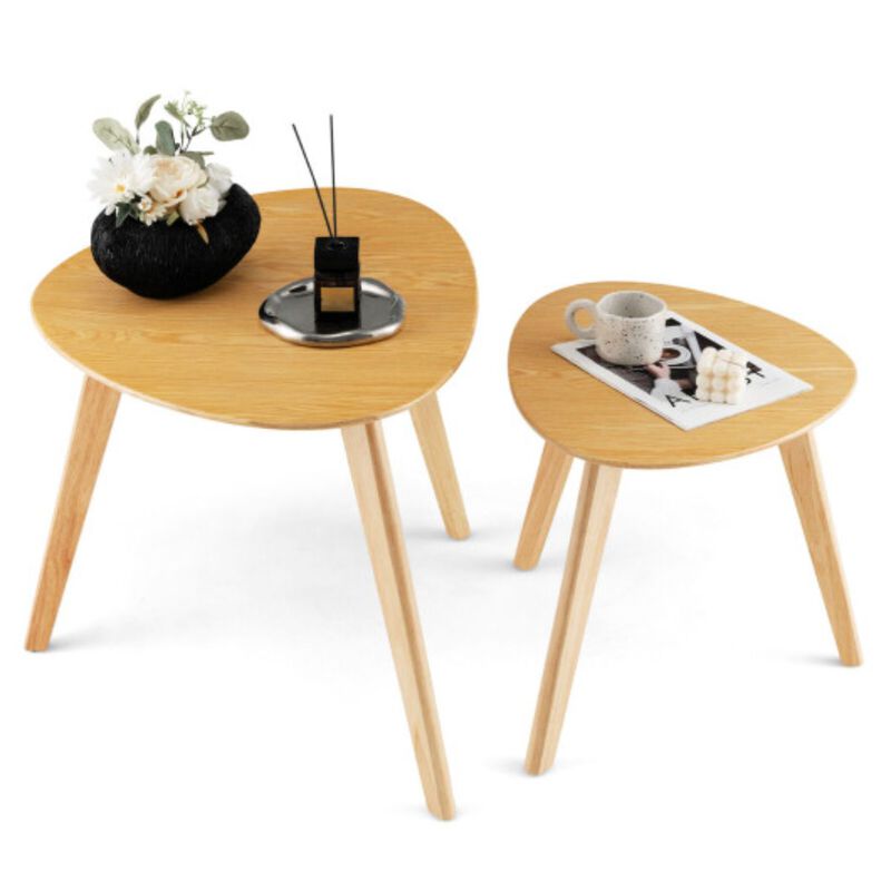 Set of 2 Triangle Modern Coffee Table Rubber Wood for Living Room-Natural image number 1