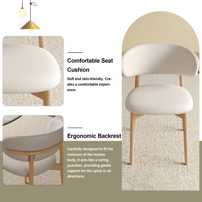 Mid Century Modern Dining Chair Set of 2 with Natural Wood Legs White PU Upholstered Chairs for Kitchen and Dining Room