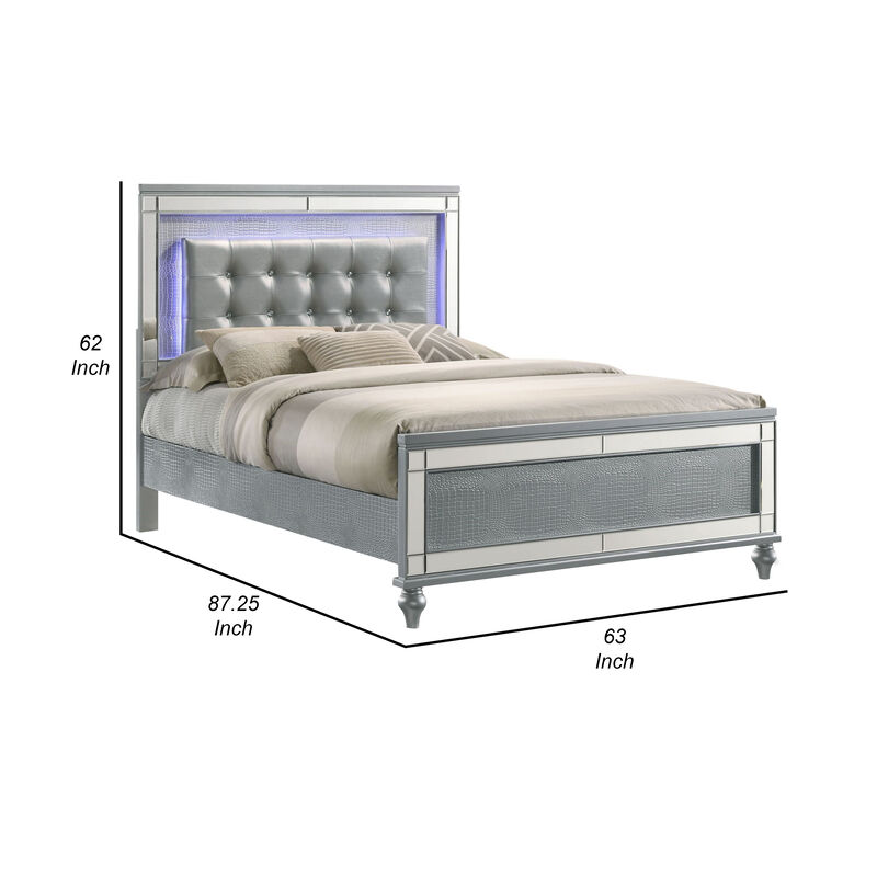 Lee Queen Size Bed, LED, Tufted Faux Leather Upholstery, Textured Silver - Benzara