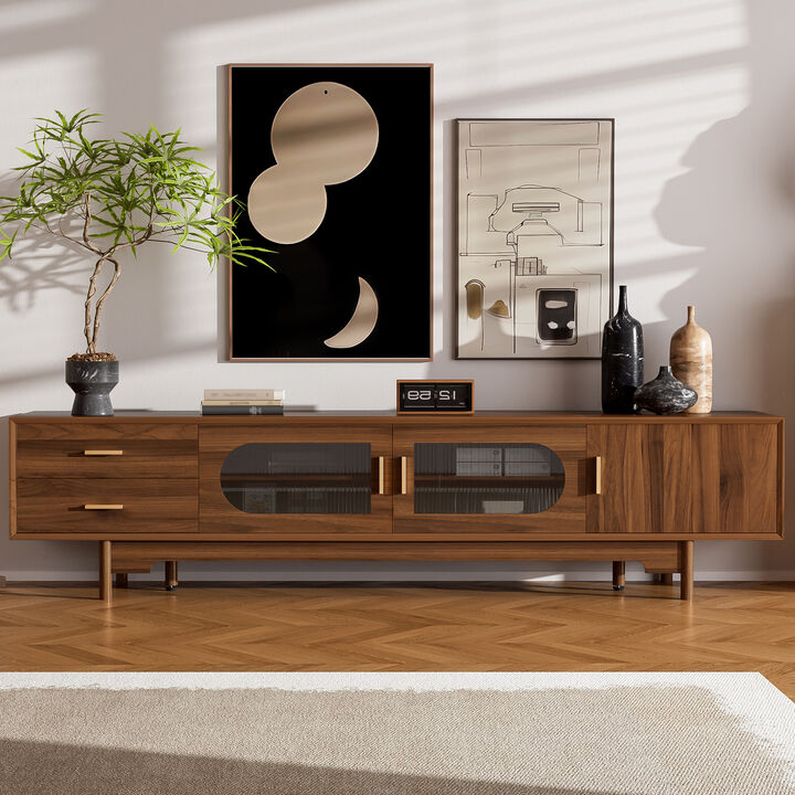 Merax Entertainment Center with Fluted Glass Display, 2 Smooth Drawers, Cable Management