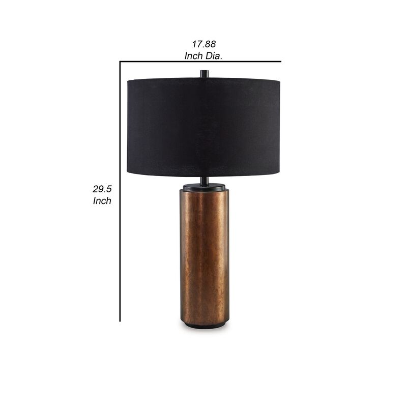 30 Inch Modern Table Lamp, Cylindrical Brass Metal Base, Black Drum Shade-Benzara