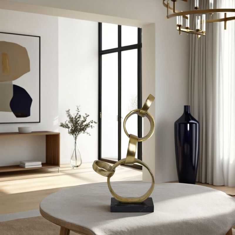 Lo Abstract Interlinked Ring Sculpture, Solid Black Base, Gold Metal - Benzara