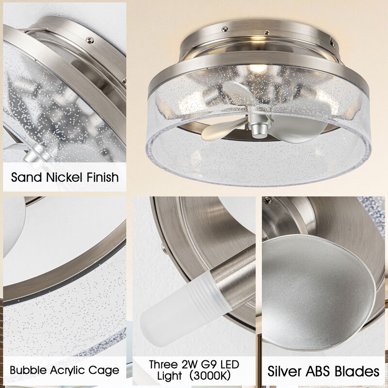 12.6" Small Satin Nickel Flush Mount Ceiling Fan with Light