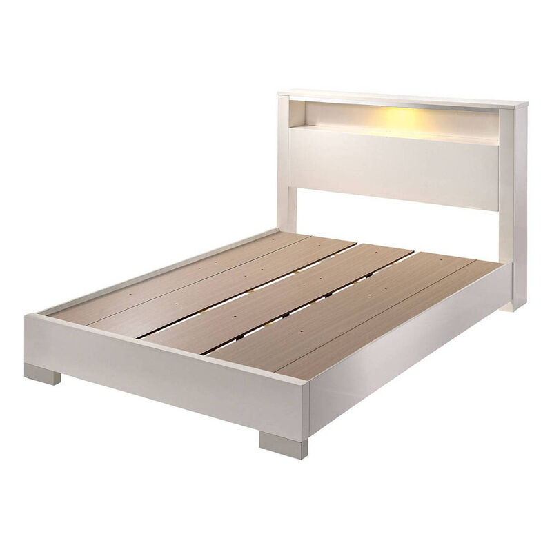 Queen Size Bed with Open shelf, White - Benzara