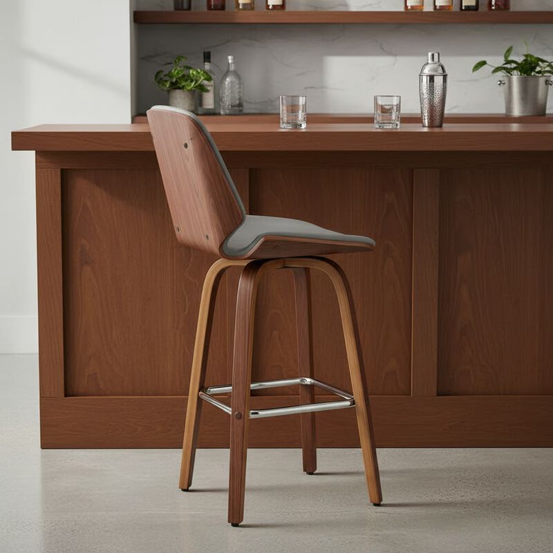 26" Gray Faux Leather and Walnut Wood Swivel Bar Stool image number 8