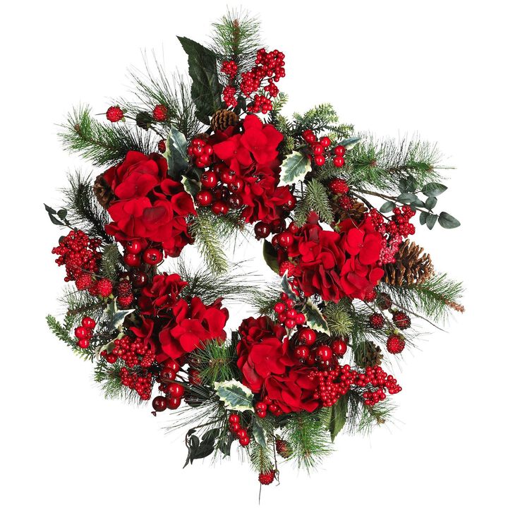 Nearly Natural 22-in Hydrangea Holiday Wreath