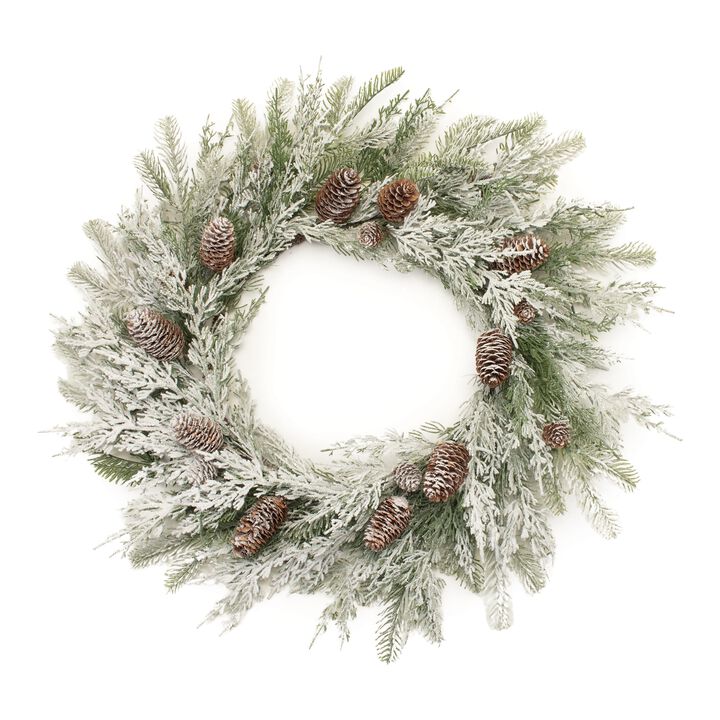 Flocked Mixed Pine and Pinecone Wreath for Winter Front Door or Wall Display