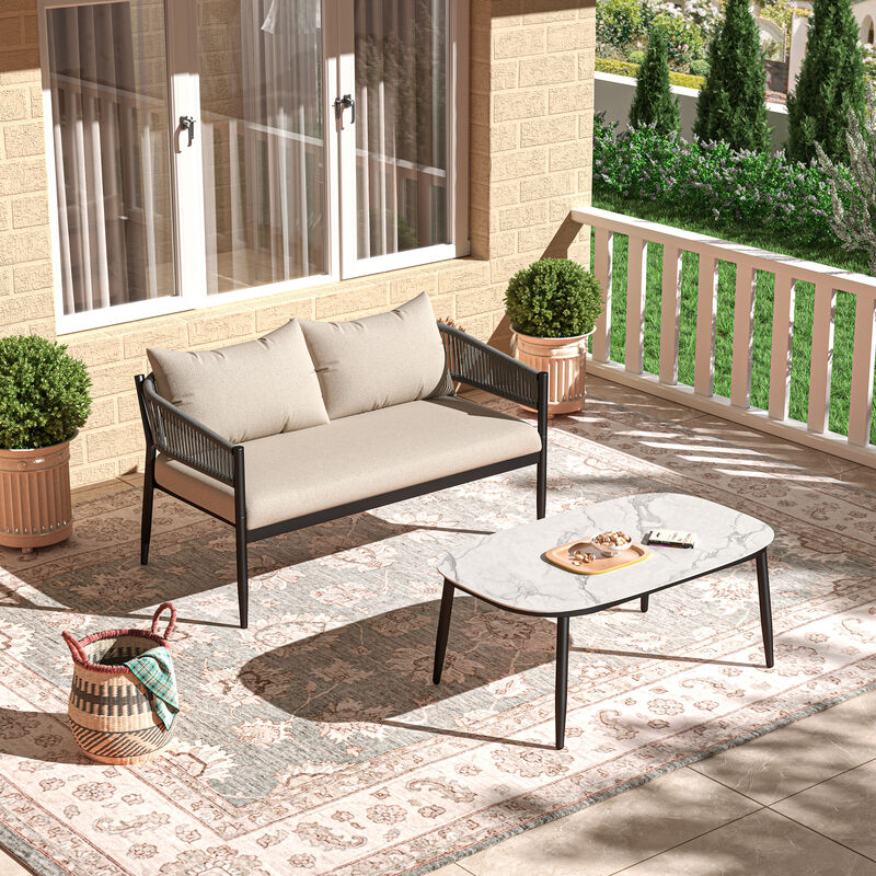 Rust-Proof Iron Loveseat & Coffee Table Set, Rope Weave, Beige Cushion image number 1