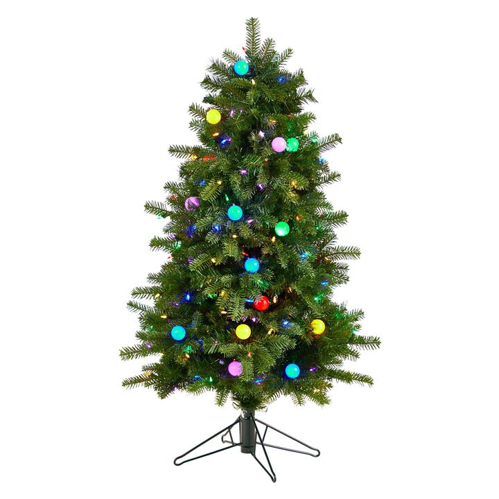 Nearly Natural Montana Mountain Fir Artificial Christmas Tree with Multi Color LED Lights, Globe Bulbs and Bendable Branches