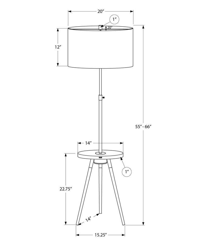 Monarch Specialties 9745, Black, Ivory/Cream Shade, Contemporary Lighting 63" H Tripod Floor Lamp Metal USB, 20" L x 20" W x 55" H image number 2